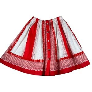 Vintage Carefree Fashion Red Gingham Lace Patchwork Skirt Retro Square Dance 70s